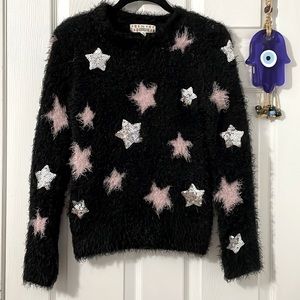 Pink Republic Soft Sweater Black With Pink and Silver Sequin Stars Size 10-12